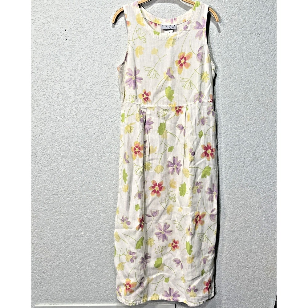 Real Comfort Dress Womens 10 White Floral Linen Midi Sleeveless Cottagecore USA